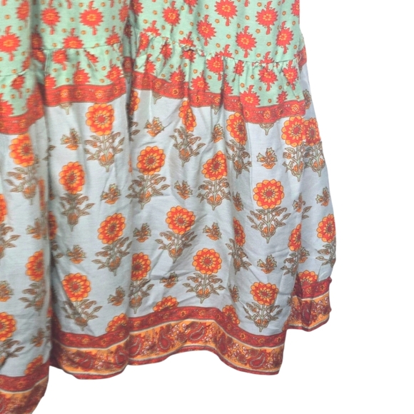 In Loom Boho Contrast Square Neck Mix Print Lace Trim Peasant Maxi Dress Medium - Picture 10 of 11